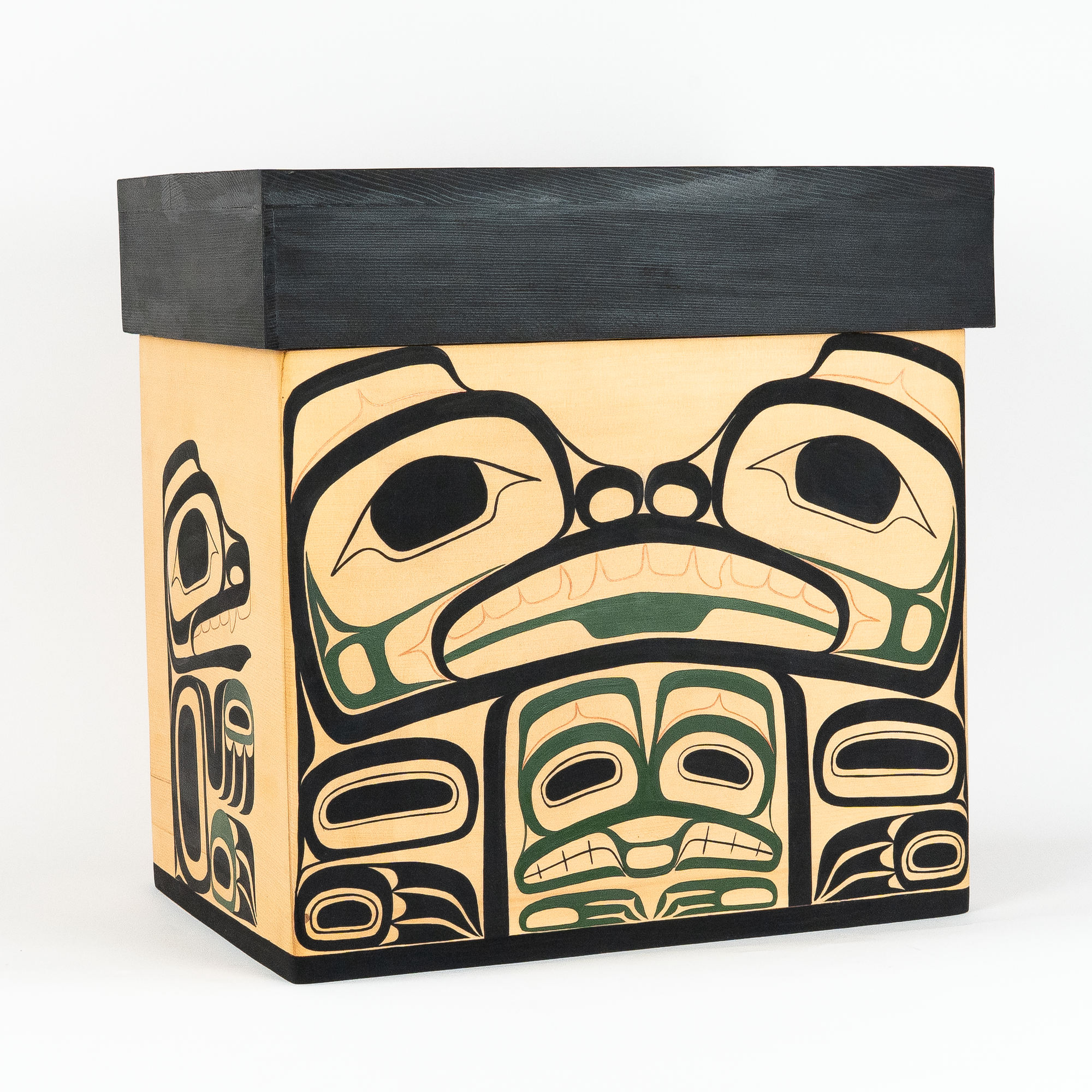 Cedar Bentwood Chest featuring Bear mother and her cubs as well as mouse women in a forest colour palette