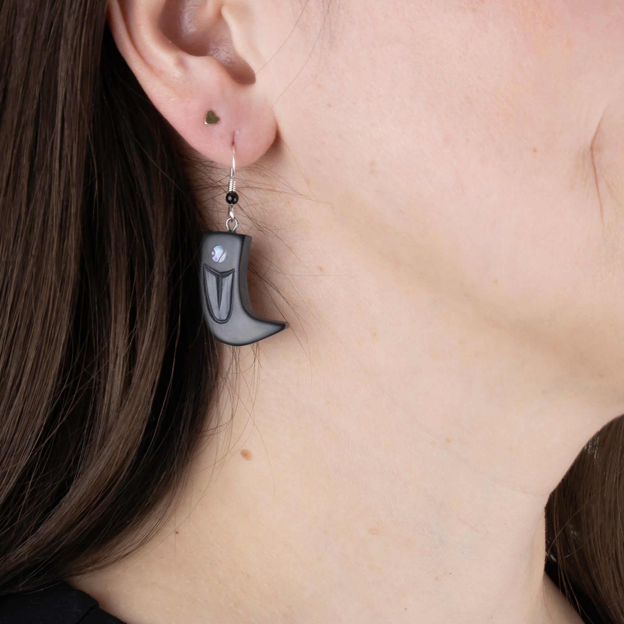 Small and Large argillite bear claw earrings with abalone inlay, and  Shepard hooks with small black bead