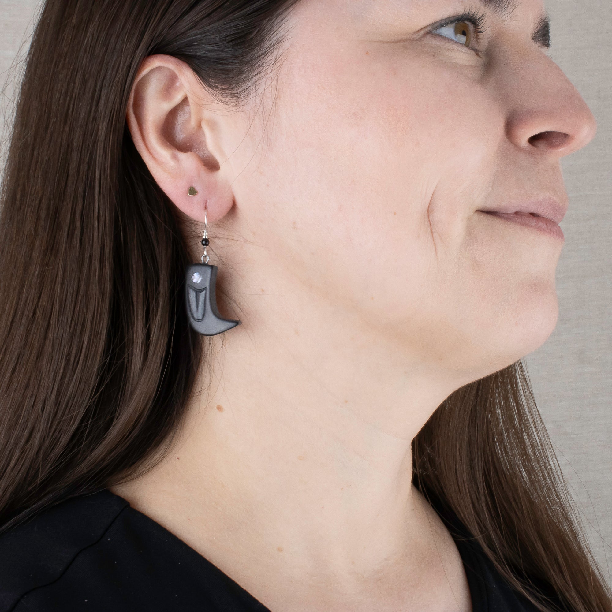 Small and Large argillite bear claw earrings with abalone inlay, and  Shepard hooks with small black bead