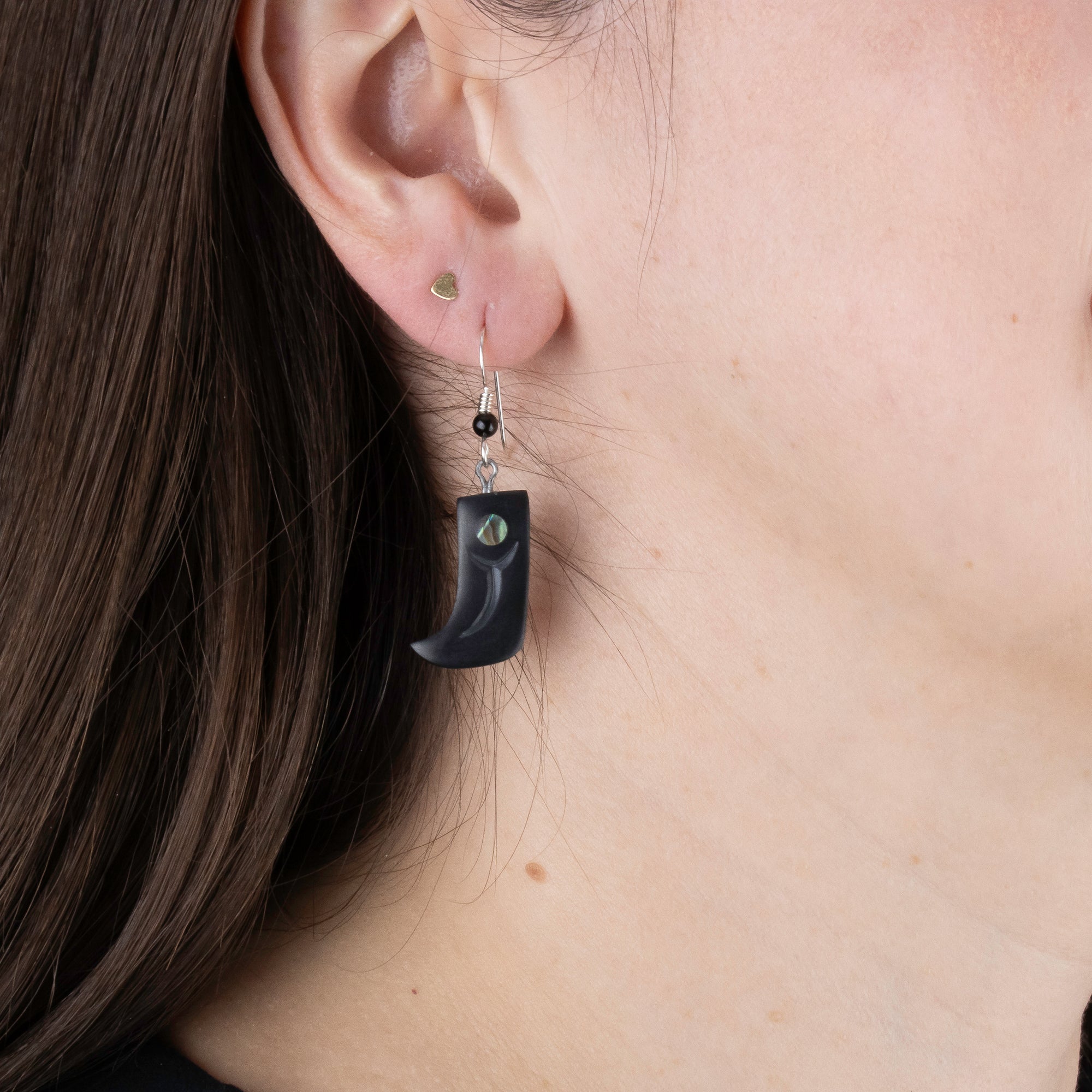 Small and Large argillite bear claw earrings with abalone inlay, and  Shepard hooks with small black bead