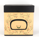 Cedar Bentwood box-chest featuring Bear mother and her cubs showcasing the back of the mother bear surrounded in huckle berries on the right side of the box on a white background
