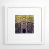 Haida Gwaii fine art print featuring a totem pole in front of a long house, the entrance of the longhouse is at the ottom of the pole with a bear around it, then a beaver and a watchmen
