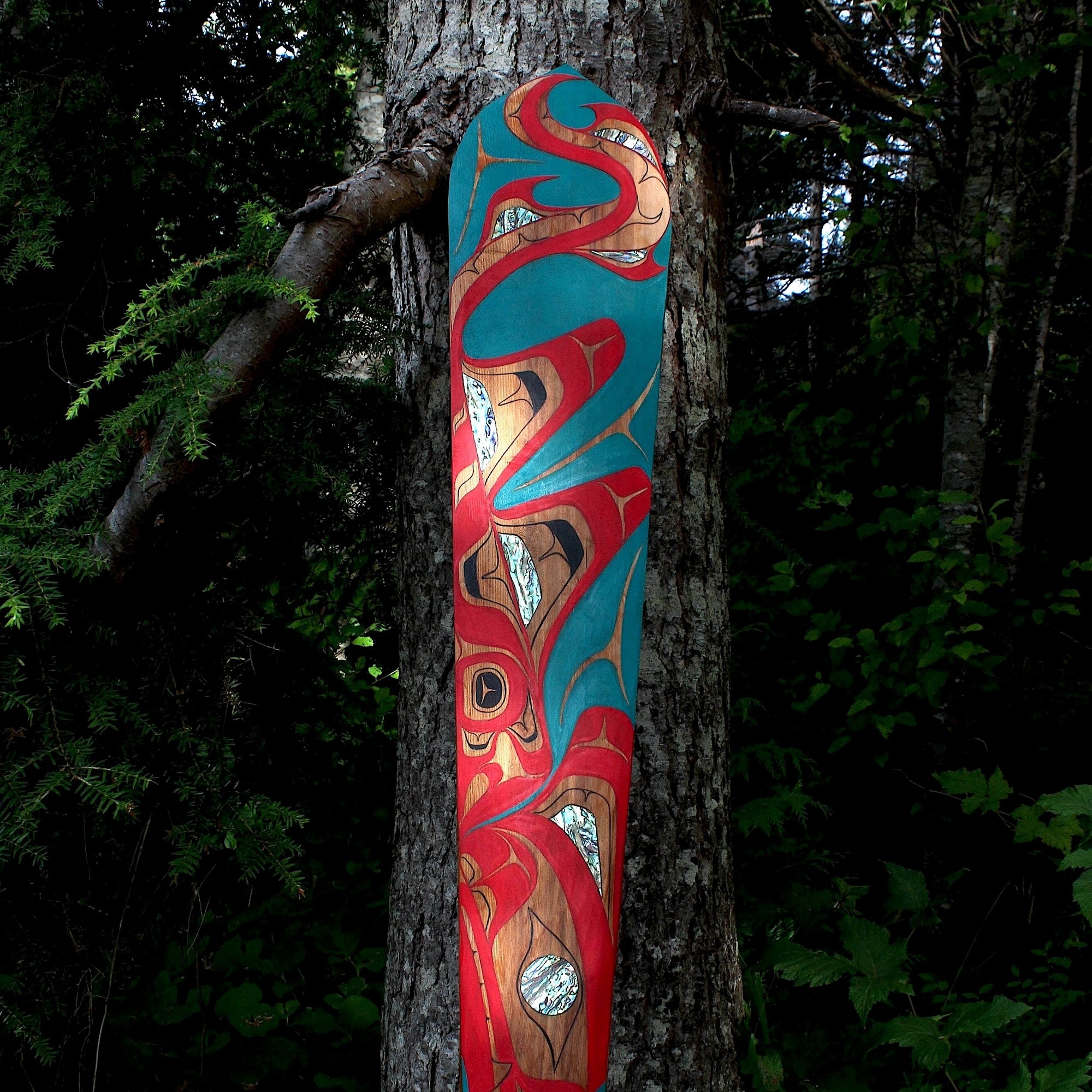 "The Hunt" (Wasgo) Red Cedar Paddle with Abalone Inlay by Billy NC Yovanovich (Haida)