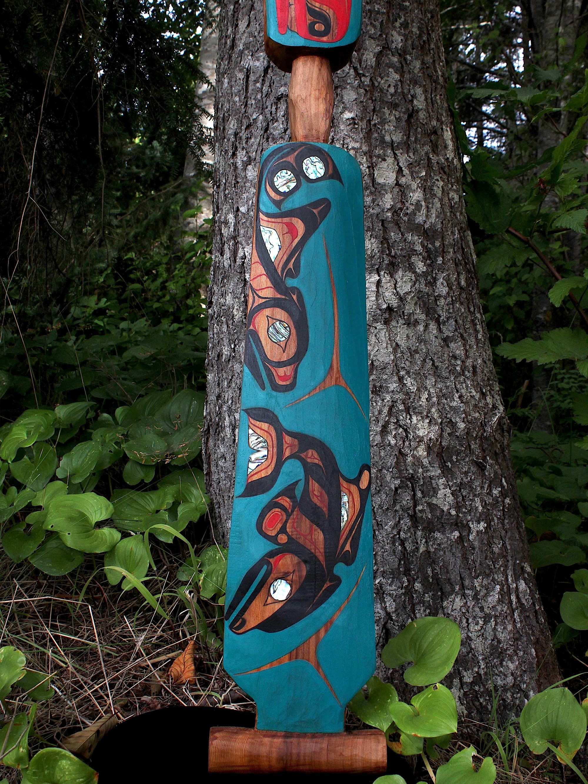 "The Hunt" (Wasgo) Red Cedar Paddle with Abalone Inlay by Billy NC Yovanovich (Haida)