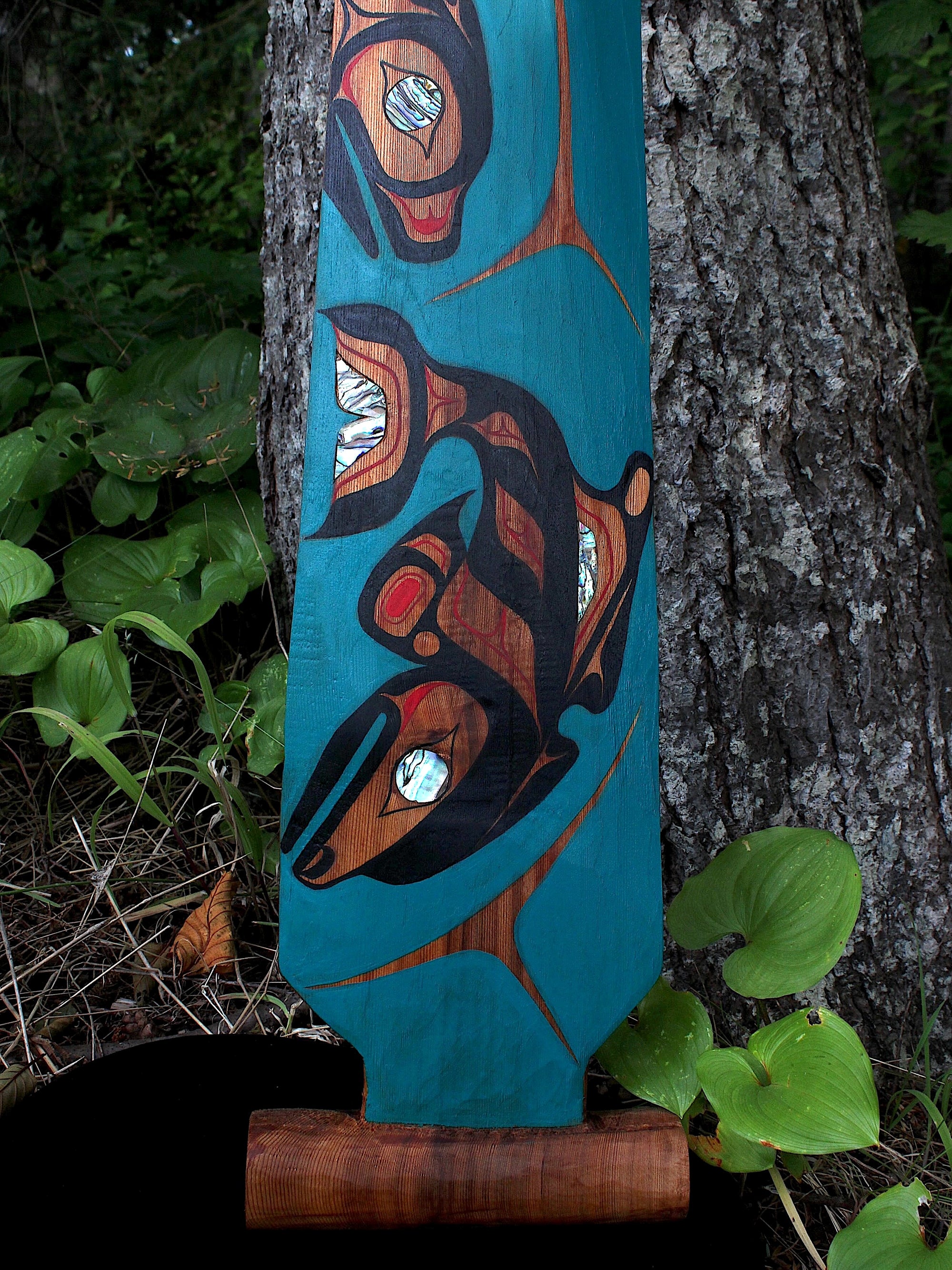 "The Hunt" (Wasgo) Red Cedar Paddle with Abalone Inlay by Billy NC Yovanovich (Haida)