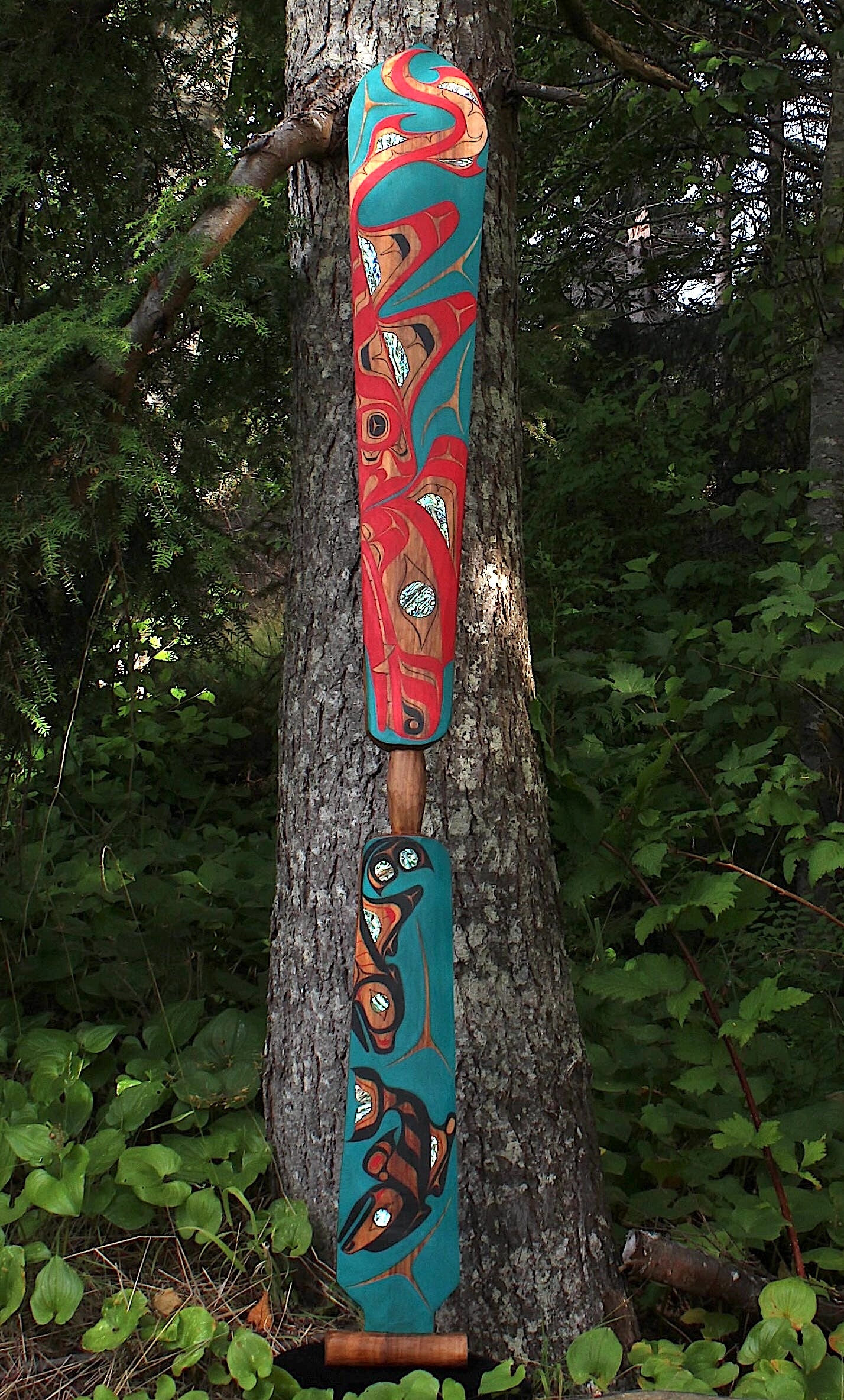 "The Hunt" (Wasgo) Red Cedar Paddle with Abalone Inlay by Billy NC Yovanovich (Haida)