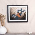 A moment to Vanish Chapter one. the first in a series and a gallery exclusive it features a women rinding through a kelp bed on an killer whale. In soft blues and browns: Framed in a black frame with conservation glass