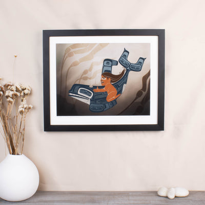 A moment to Vanish Chapter one. the first in a series and a gallery exclusive it features a women rinding through a kelp bed on an killer whale. In soft blues and browns: Framed in a black frame with conservation glass