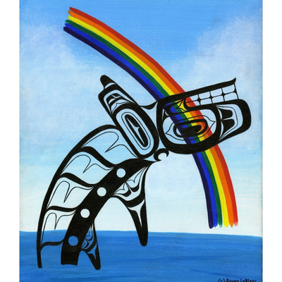 Haida Orca breaching with a rainbow