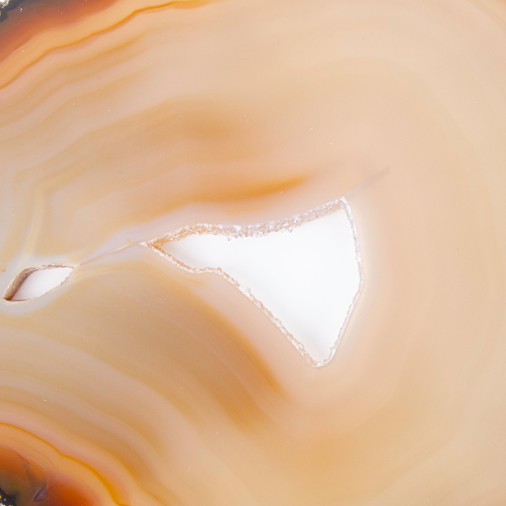 Carnelian Agate Slice with Druzy Quartz, corner view with bits of druzy, close up of druzy section