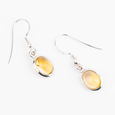 Pair of silver earrings with yellow citrine gemstones on a white background