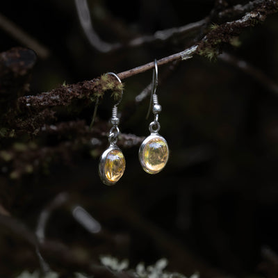 Pair of yellow gemstone earrings on a dark background