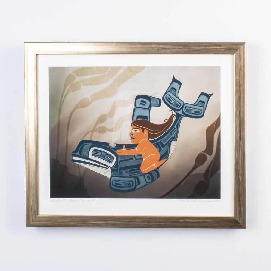 A moment to Vanish Chapter one. the first in a series and a gallery exclusive it features a women rinding through a kelp bed on an killer whale. In soft blues and browns: Framed in a brass frame with conservation glass