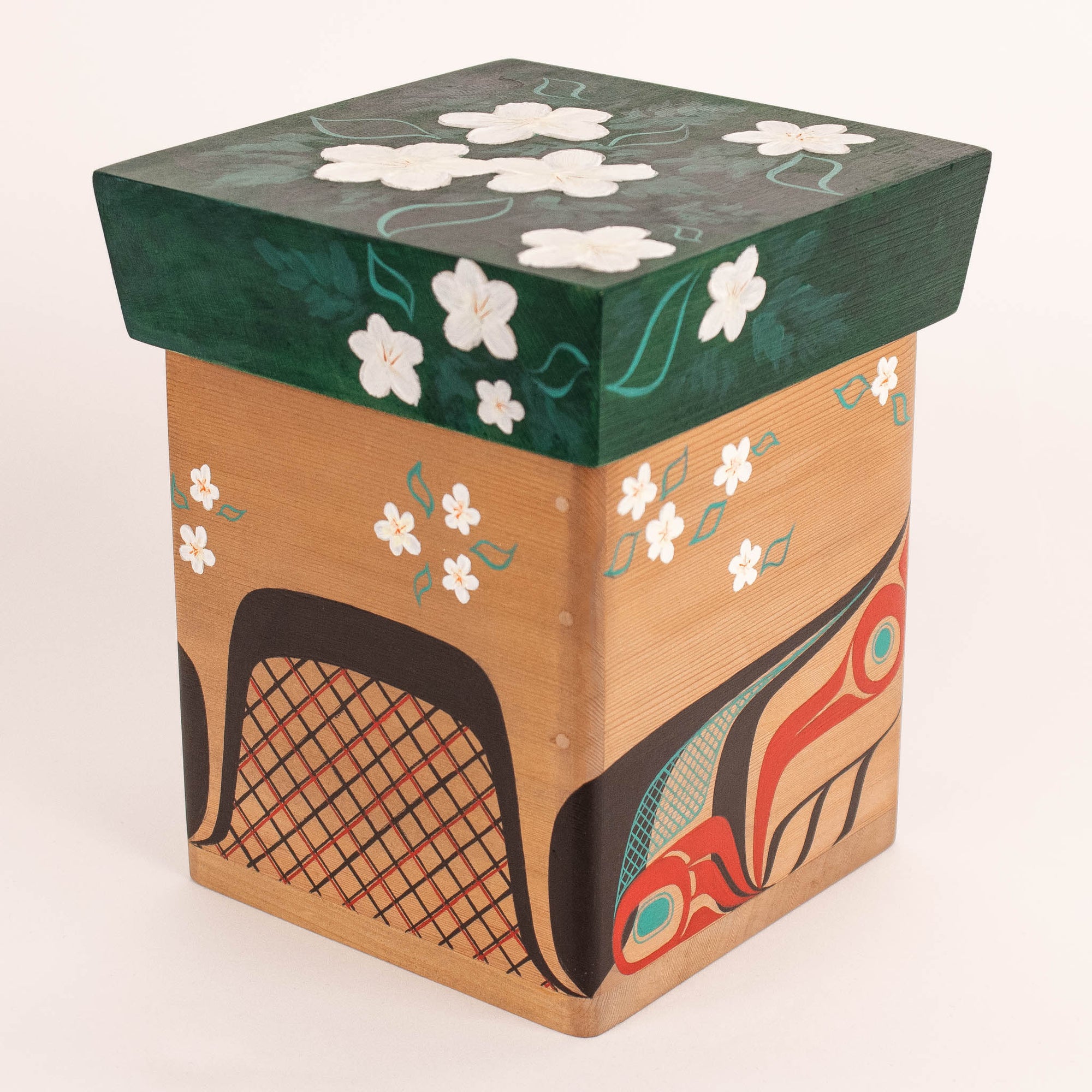 Decorative box with floral design on top and abstract patterns on sides
