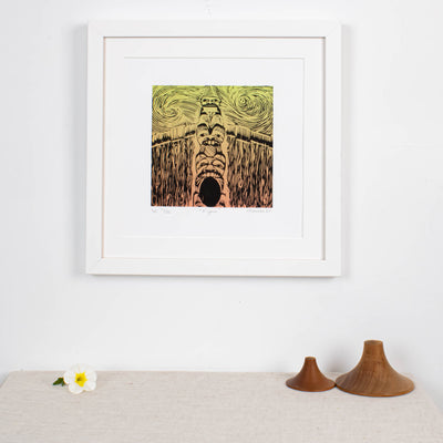 Haida Gwaii fine art print featuring a totem pole in front of a long house, the entrance of the longhouse is at the ottom of the pole with a bear around it, then a beaver and a watchmen