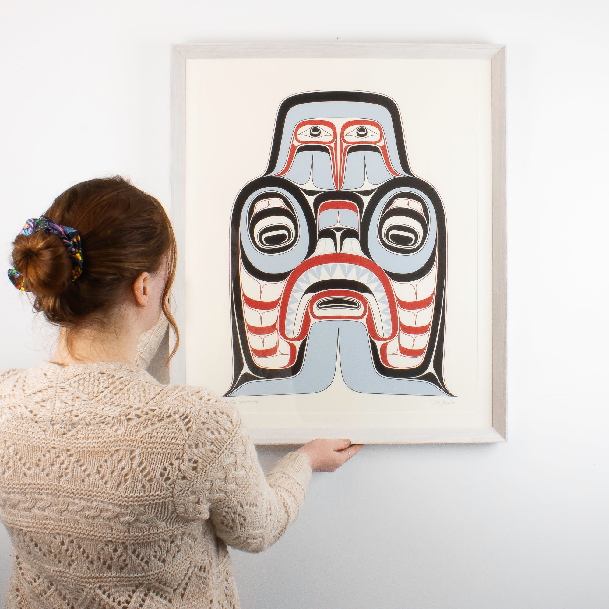 Haida Art print featuring supernatural being Dogfish mother. Framed in a driftwood wood frame and the artists original signature and date.