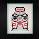 Northwest coast artwork by Tyson Brown featuring a dogfish mother in a blue frame on a black background.