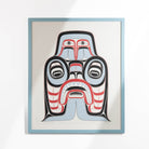 A white, red, black and light blue Haida northwest coast two-dimensional design framed in a blue frame.