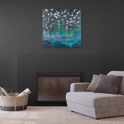 Living room with a gray sofa, decorative pillows, a woven basket, and a dark wall with a Abstract Original Painting of Gwaii Haanas, Haida Gwaii by Haida Artist. Danielle Louise Allard.