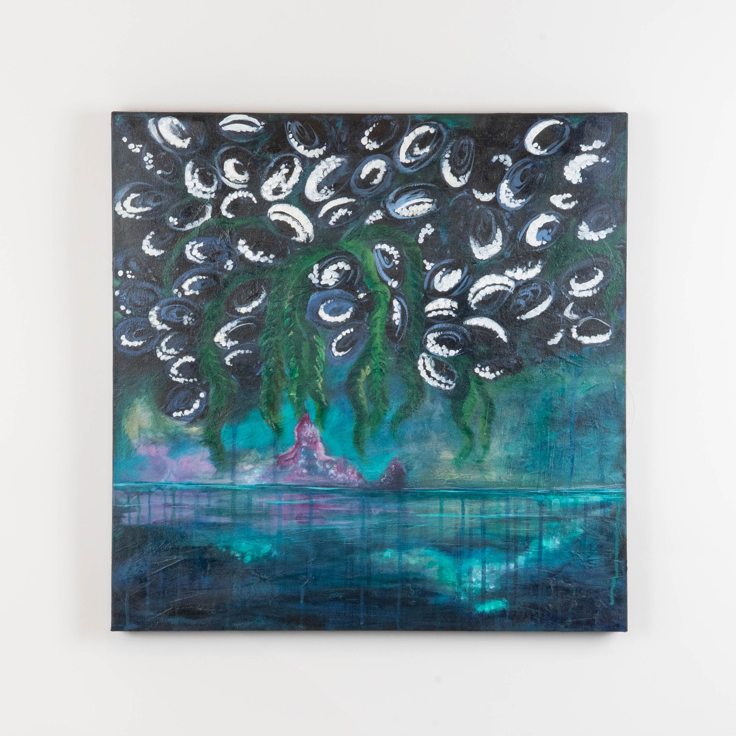 Abstract painting Original of Gwaii Haanas, Haida Gwaii by Haida Artist. Danielle Louise Allardwith teal, purple, and pink hues on a white background