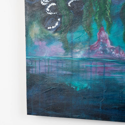 Abstract painting Original of Gwaii Haanas, Haida Gwaii by Haida Artist. Danielle Louise Allardwith teal, purple, and pink hues on a white background