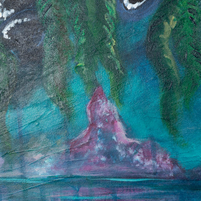 Abstract painting with teal, pink, and green colors