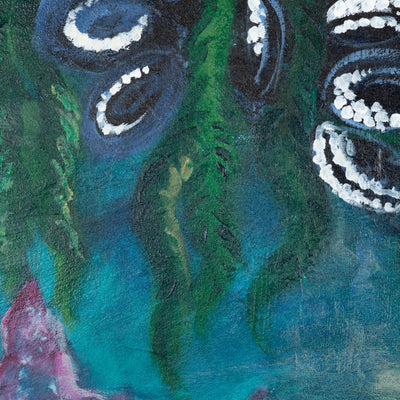 Close-up of a textured surface with abstract patterns in blue, green, and white.