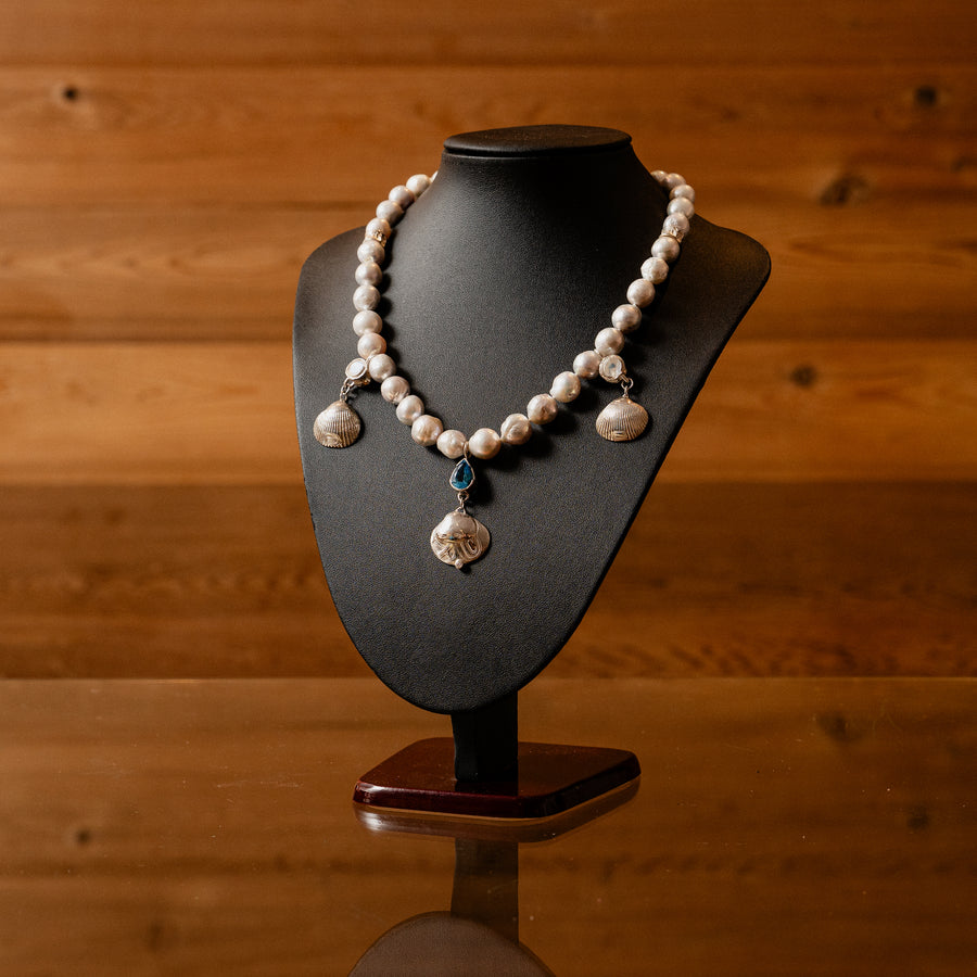 Freshwater Pearl Necklace with Sterling Silver Clamshells & Salmon Bone Vertebrae