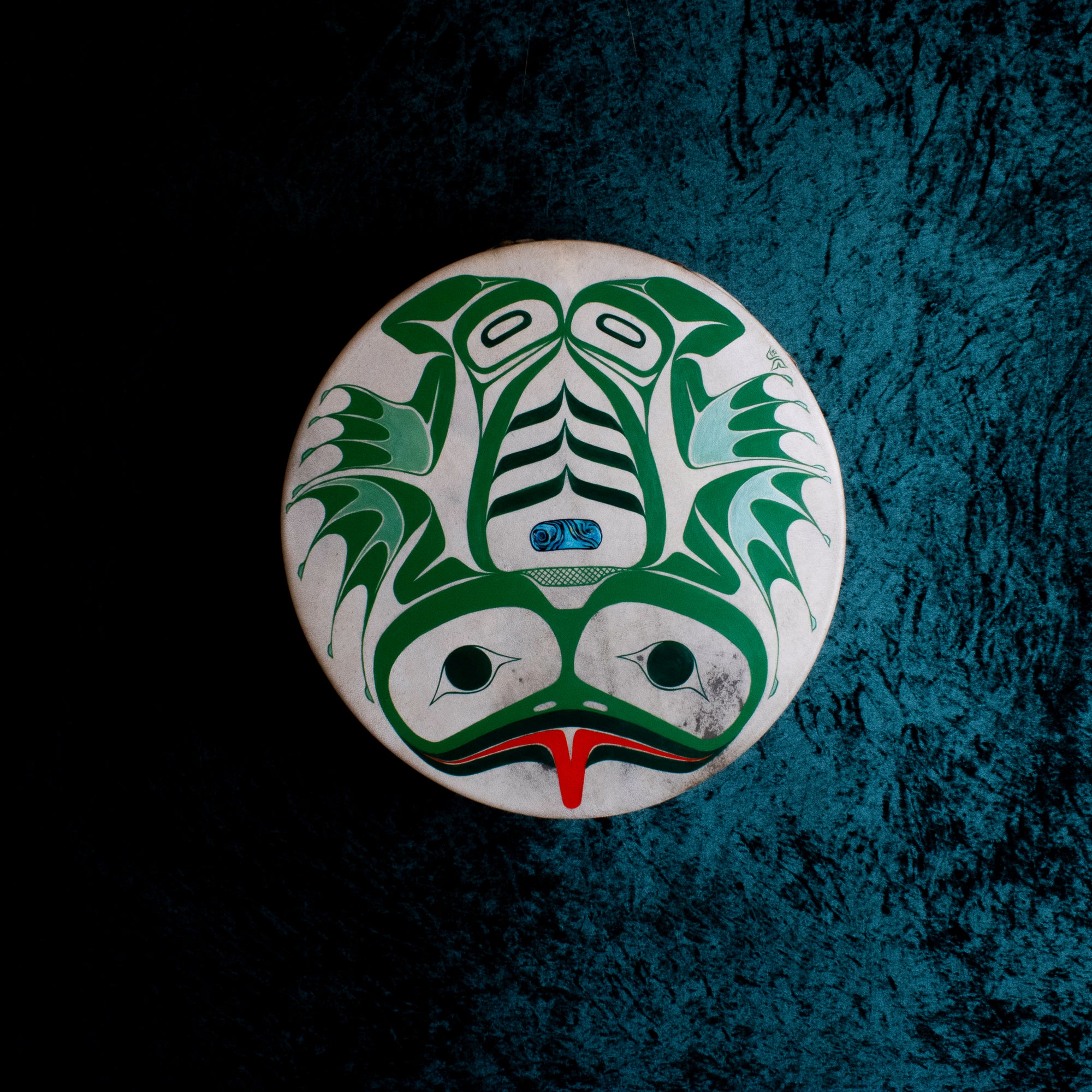 Haida Frog Drum made with local Canadian sourced materials Hand painted by Haida Artist
