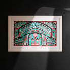 Colorful abstract formline chiefs chair design with geometric haida patterns  framed on a dark background