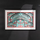 Colorful abstract formline chiefs chair design with geometric haida patterns  framed on a b;lack background