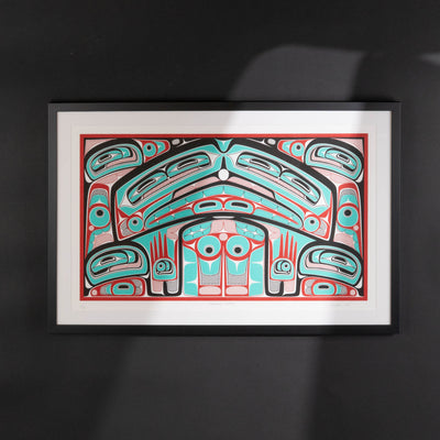 Colorful abstract formline chiefs chair design with geometric haida patterns  framed on a b;lack background