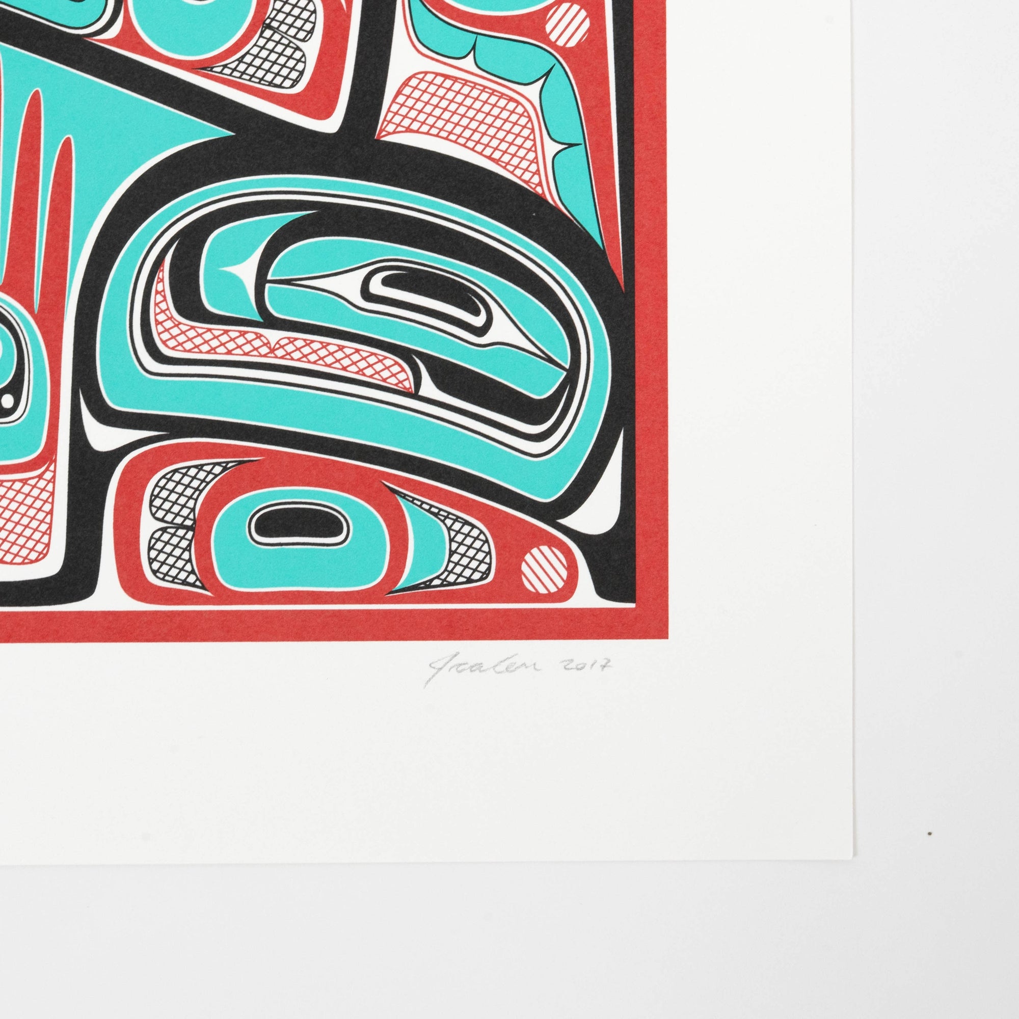 Colorful abstract formline design with geometric Haida patterns showcaseing signature and year on a white background