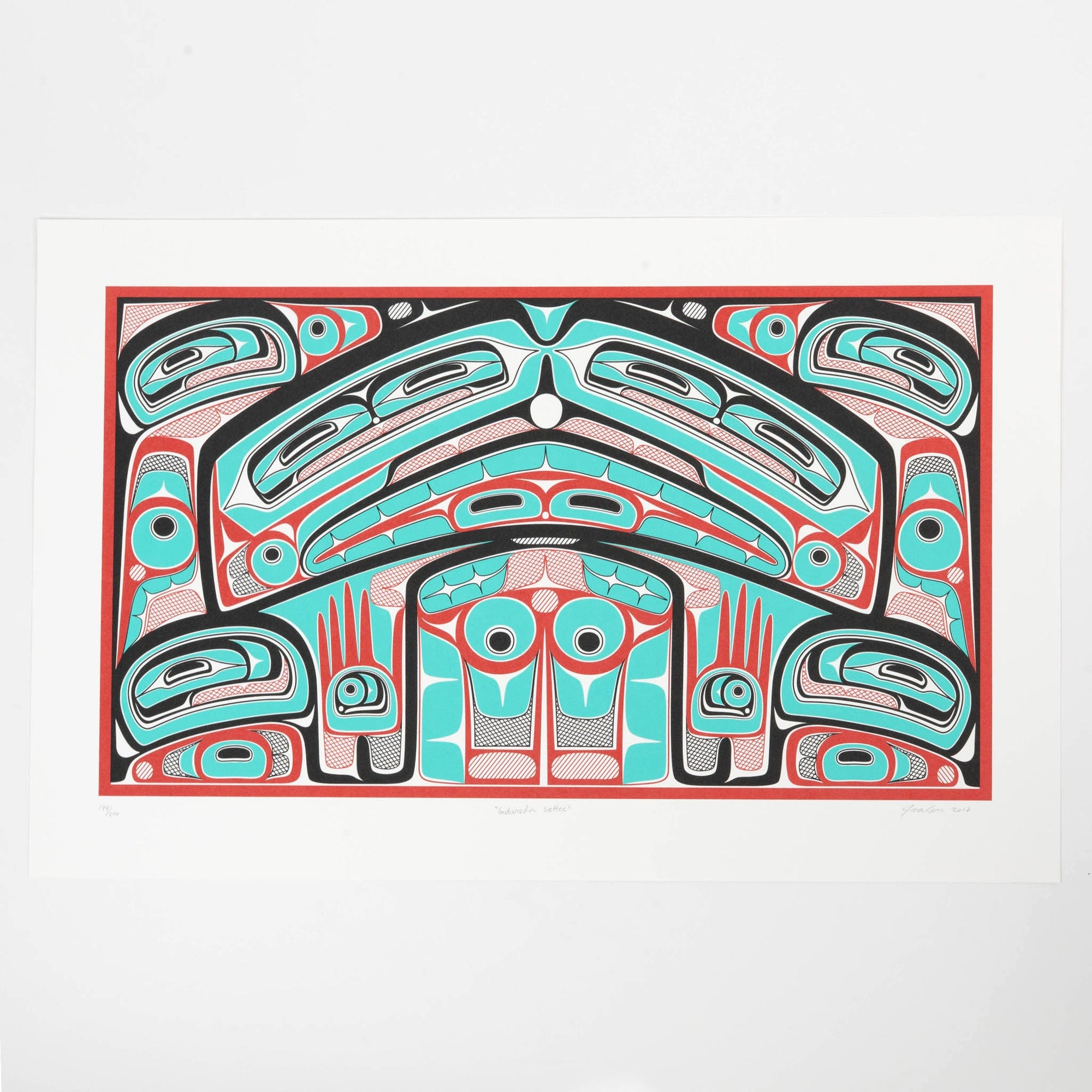 Colorful abstract formline design with geometric haida patterns on a white background