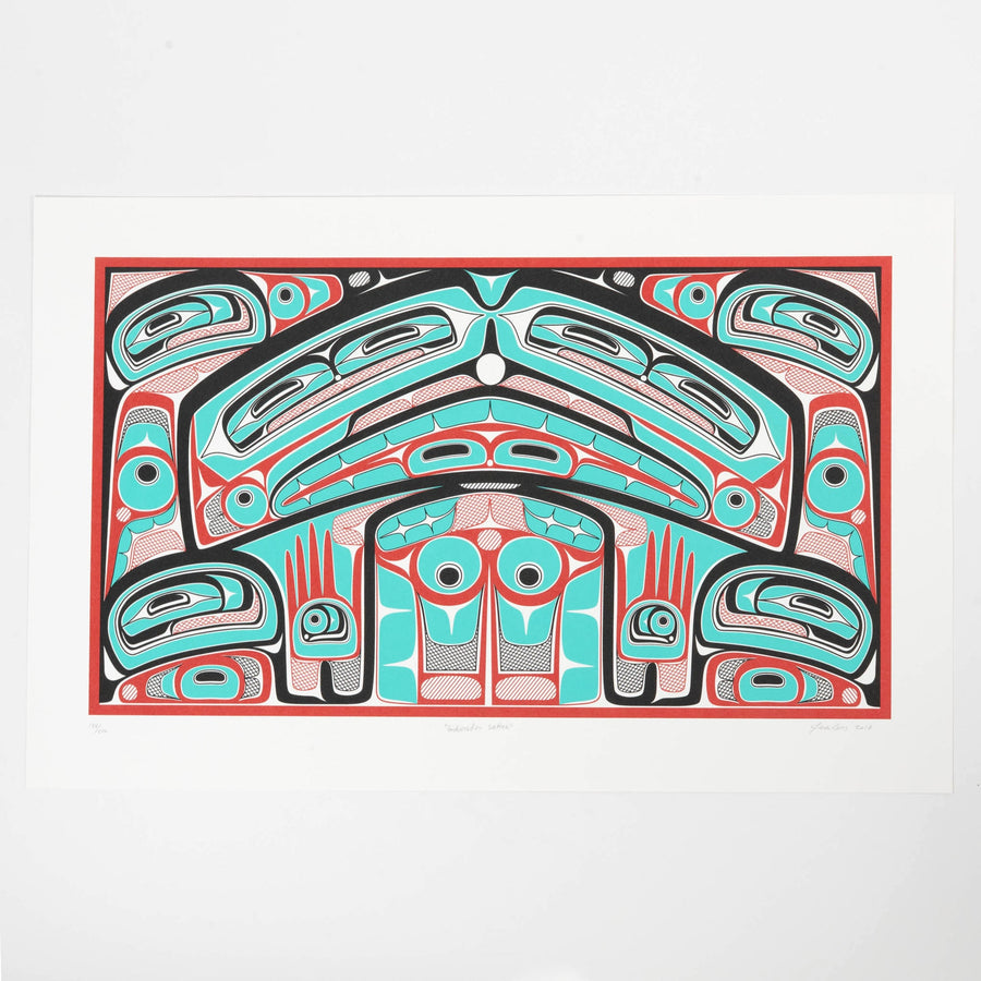 Colorful abstract formline design with geometric haida patterns on a white background