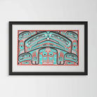 Framed artwork Colorful abstract formline chiefs chair design with geometric haida patterns  framed in black on a white background