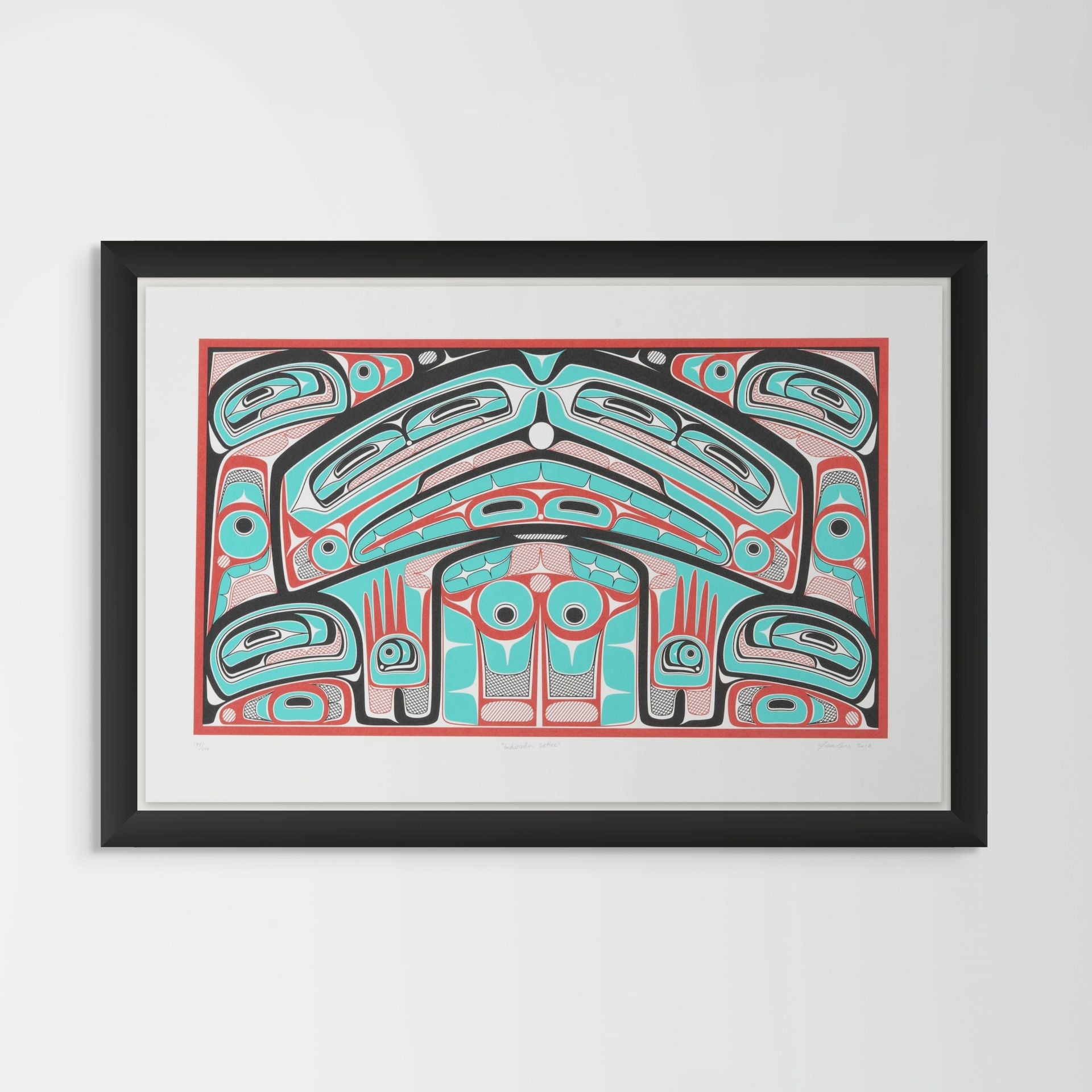Framed artwork Colorful abstract formline chiefs chair design with geometric haida patterns  framed in black on a white background