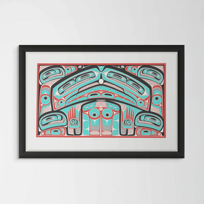 Framed artwork Colorful abstract formline chiefs chair design with geometric haida patterns  framed in black on a white background