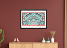 Framed abstract artwork on a red wall above a wooden cabinet with decorative items.