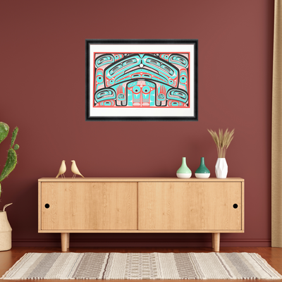 Framed abstract artwork on a red wall above a wooden cabinet with decorative items.