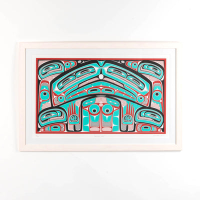 Colorful abstract formline chiefs chair design with geometric haida patterns  framed on a white background