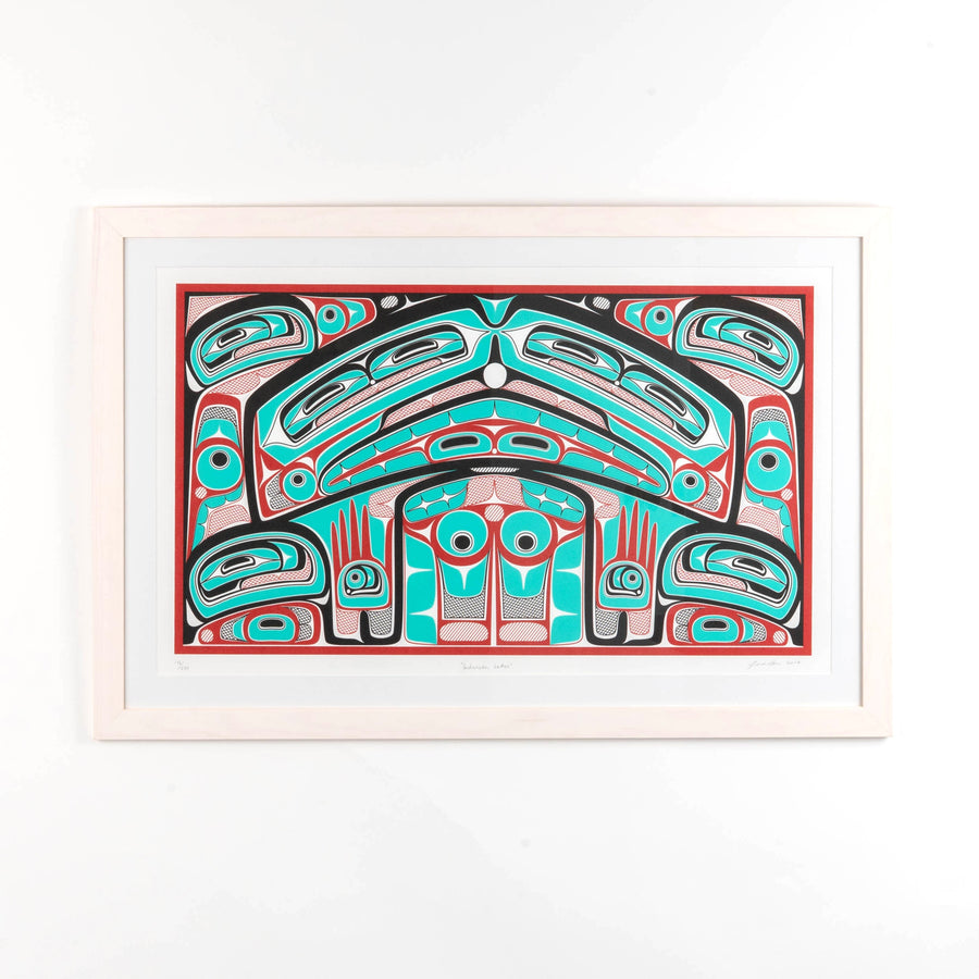 Colorful abstract formline chiefs chair design with geometric haida patterns  framed on a white background