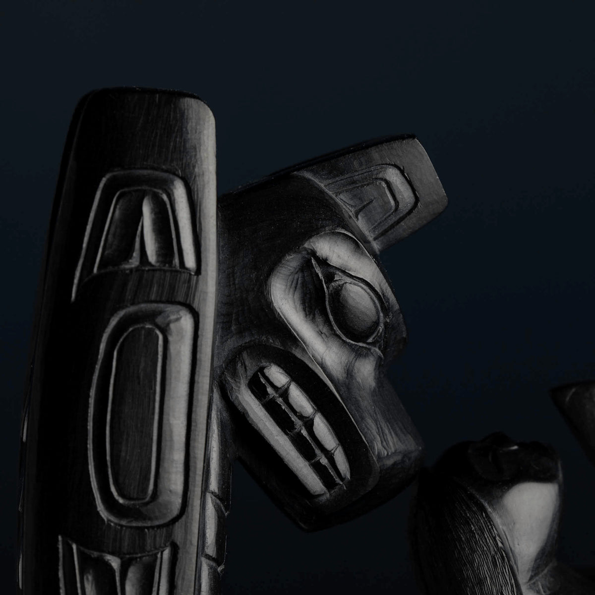 Thunderbird carved in a black glossy stone with formline patterns on a dark background.