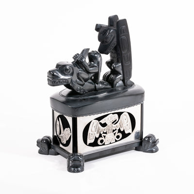 Haida argillite killer whale and thunderbird argillite and sterling silver box done by master Haida artist Ding Hutchingson on a white background showing the right and front side