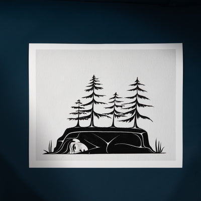 Art print with Black silhouette of a woman with trees growing from her on a white background by Haida Artist Shoshannah Greene