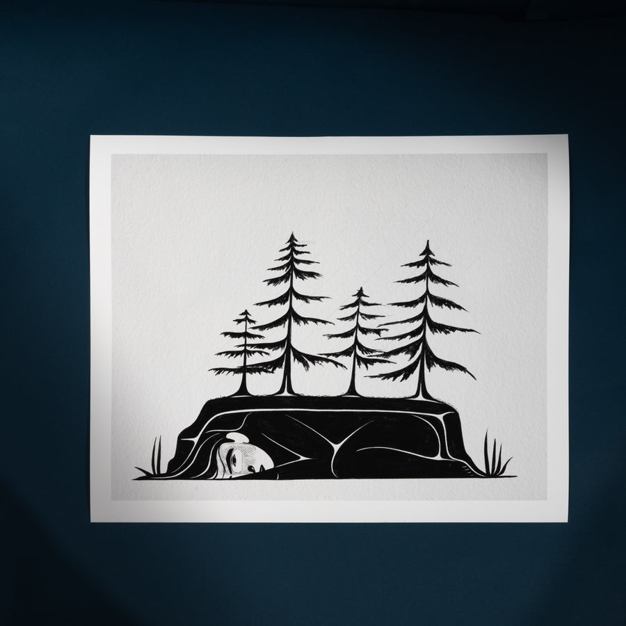Art print with Black silhouette of a woman with trees growing from her on a white background by Haida Artist Shoshannah Greene