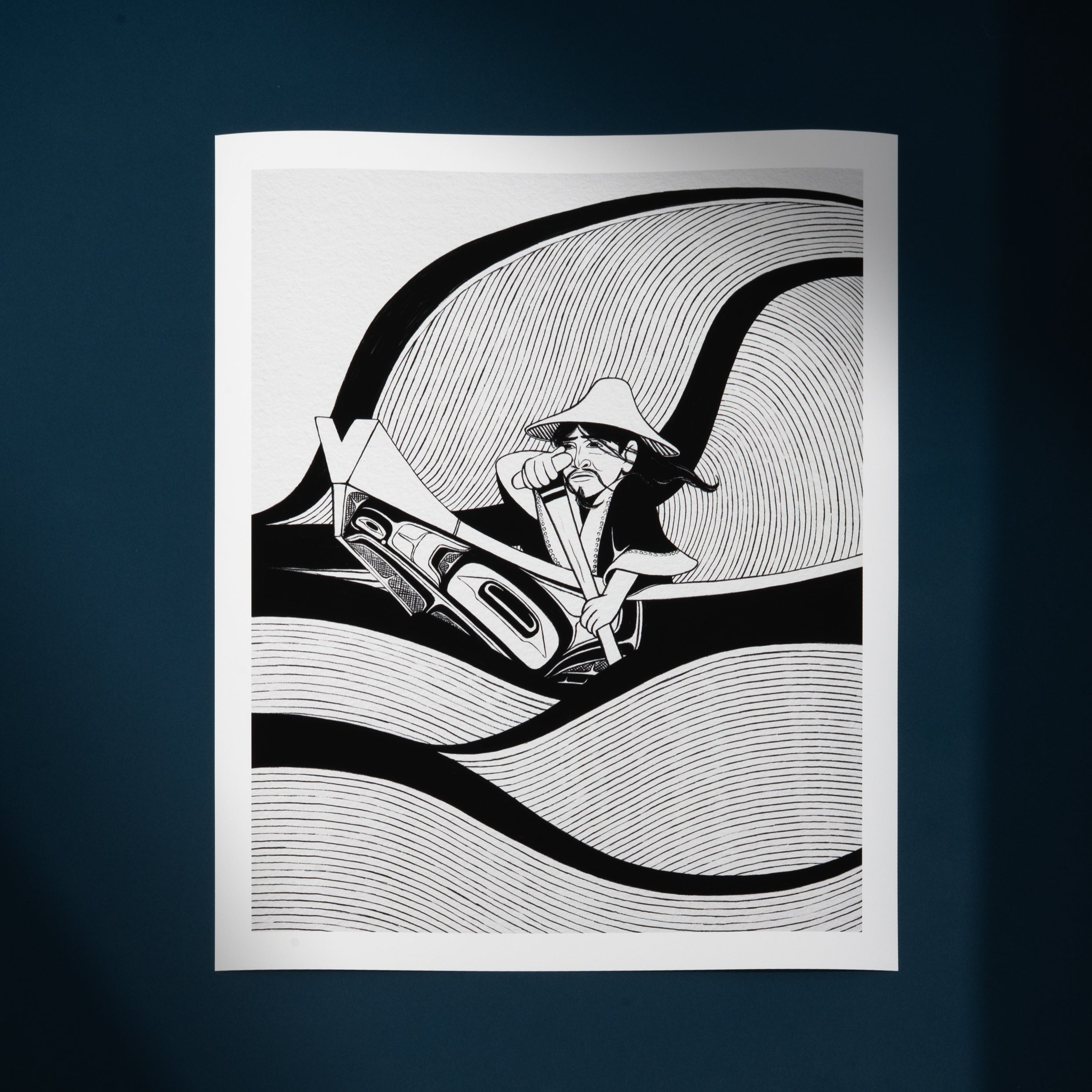 Haida Illustration of a person in a boat on wavy ocean lines with a dark blue background by Haida artist award winner Shoshannah Greene