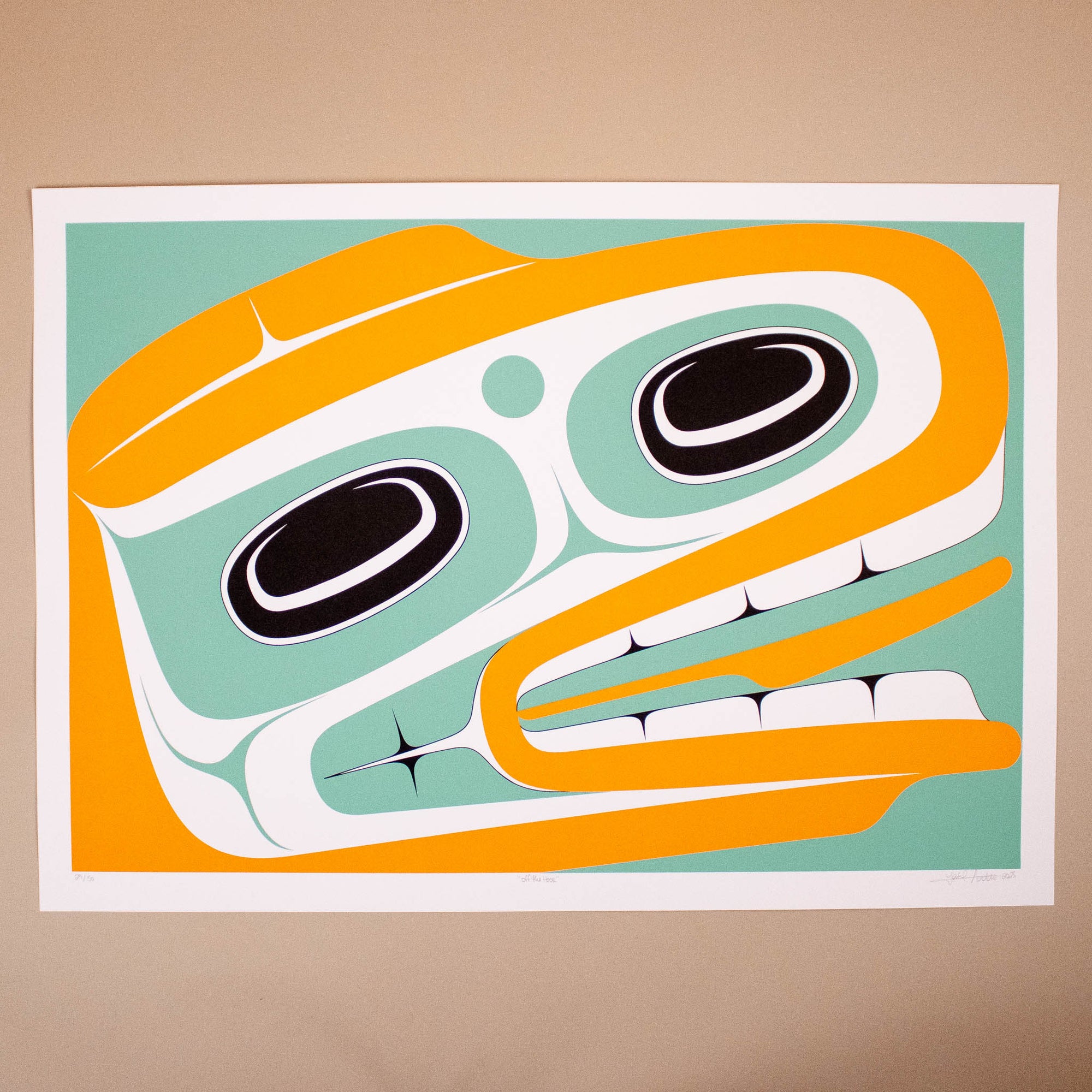Fine art print of a stylized Formline Halibut face with orange, green, and black colours by Local Haida artist Cori Savard