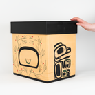Original Haida Cedar Bentwood Chest showcasing back and left corner of box with human hand for size ratio