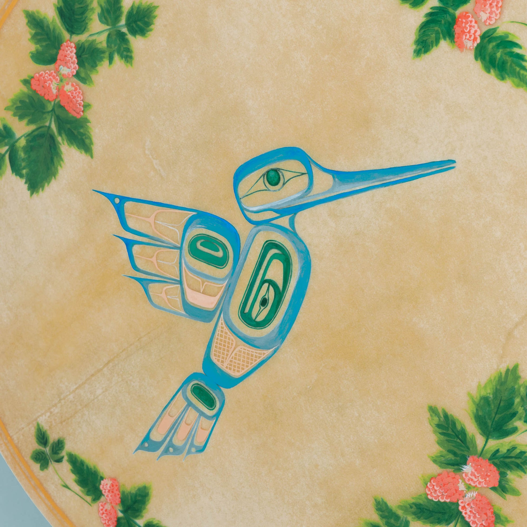 A blue and green hummingbird design on a beige background with floral elements.